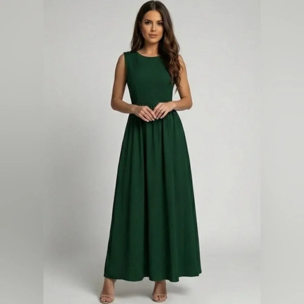 Gathered-Waist A-Line Maxi Dress With Pockets Green_2